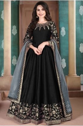 Silk Anarkali Suit in Black Silk AS2575