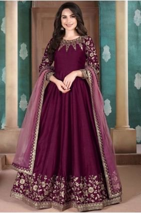 Wine  Anarkali Suit in Silk with Silk AS2576