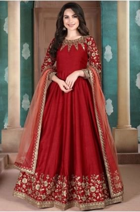 Silk Red Anarkali Suit dupattta AS2578