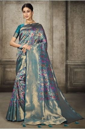 Weaving Saree in Turquoise  Banarasi silk SR24664