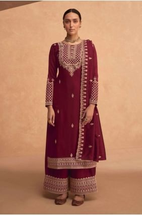 Red  Georgette Palazzo Suit with Embroidered PZ3639