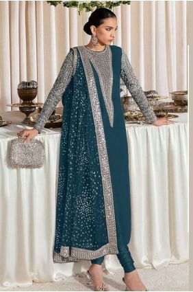 Aqua blue  Embroidered Georgette Anarkali Suit AS3648