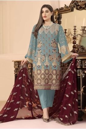 Embroidered Georgette Sky  Salwar Kameez with Dupatta SK153384
