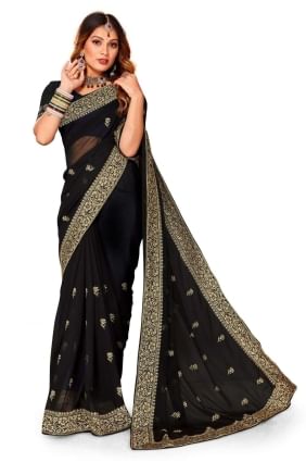 Georgette Party Wear Saree with Thread,embroidered,lace border in Black SR24786