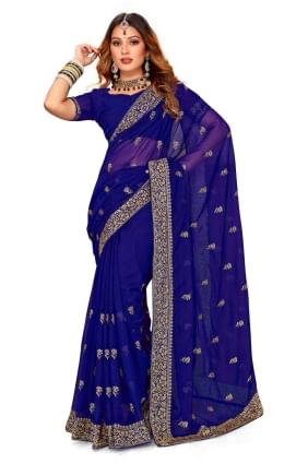 Thread,embroidered,lace border Georgette Party Wear Saree in Navy SR24788