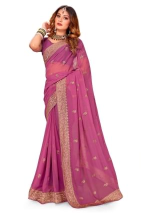 Thread,embroidered,lace border Georgette Party Wear Saree in Dusty gajari  with Blouse SR24790