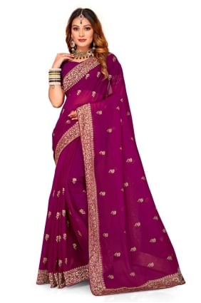 Wine  Thread,embroidered,lace border Georgette Party Wear Saree SR24792