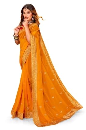 Party Wear Saree in Mustrd  Georgette with Thread,embroidered,lace border SR24793
