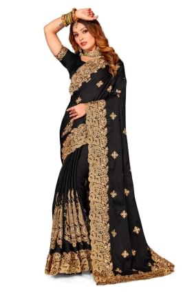 Zari,embroidered,lace border Satin Saree in Black with Blouse SR24823