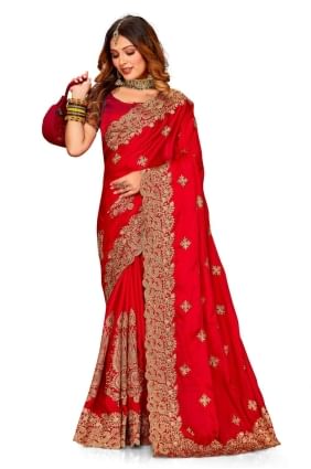 Red Wedding Saree in Zari,embroidered,lace border Satin SR24824