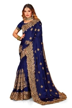 Navy  Zari,embroidered,lace border Wedding Saree in Satin SR24825