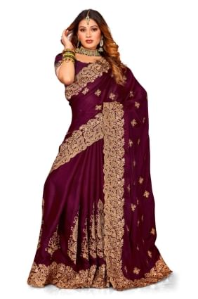 Wine  Wedding Saree with Zari,embroidered,lace border Satin SR24826