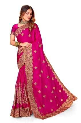 Rani  Zari,embroidered,lace border Wedding Saree in Satin SR24828