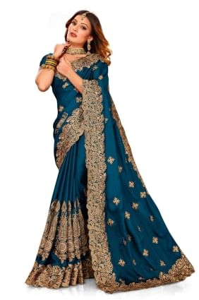 Zari,embroidered,lace border Satin Morpeach  Wedding Saree with Blouse SR24829