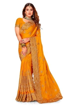 Wedding Saree in Mustrd  Satin with Zari,embroidered,lace border SR24830