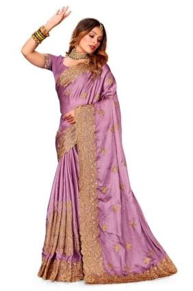 Zari,embroidered,lace border Wedding Saree in Dusty gajari  Satin SR24831