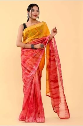 Saree in Orange,pink Cotton with Patch,thread,embroidered SR24895