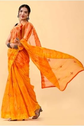 Patch,thread,embroidered Cotton Mustard orange Saree with Blouse SR24897