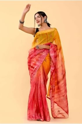 Mustard orange,pink Patch,thread,embroidered Cotton Saree SR24898