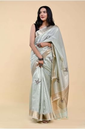 Aqua blue Hand,thread Saree in Cotton SR24904