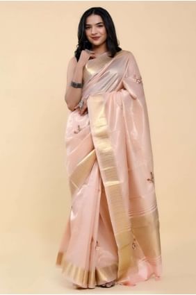 Hand,thread Cotton Baby pink Saree with Blouse SR24905