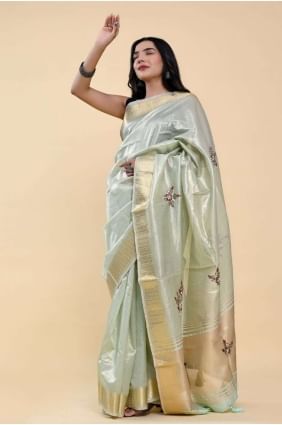 Hand,thread Saree in Sea green Cotton SR24906