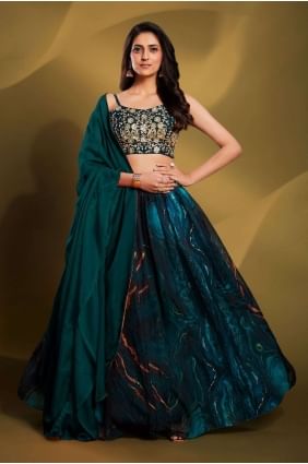 Organza Party Lehenga Choli in Teal  with Sequins LC7049