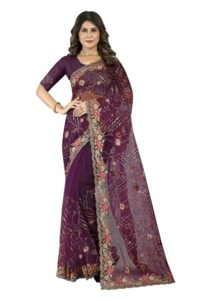 Wine  Embroidered Net Wedding Saree SR25034