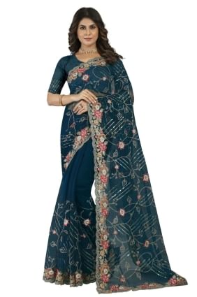 Embroidered Net Wedding Saree in Morpeach  with Blouse SR25035