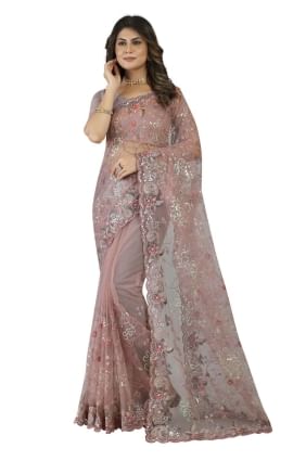 Embroidered Dusty lavender  Wedding Saree in Net SR25036
