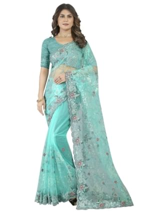 Dusty sky  Wedding Saree in Embroidered Net SR25037