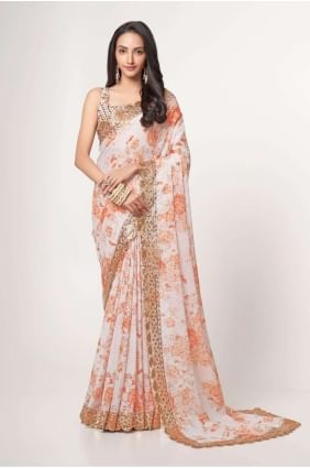 Organza White Saree in Sequins,embroidered,digital print SR25205