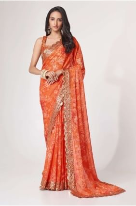 Organza Sequins,embroidered,digital print Orange Saree with Blouse SR25206