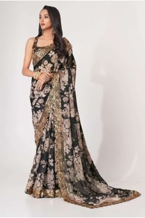 Black Saree with Sequins,embroidered,digital print Organza SR25207