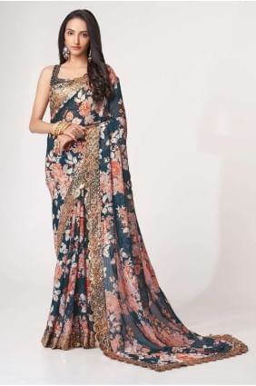 Organza Dove blue  Saree in Sequins,embroidered,digital print SR25208