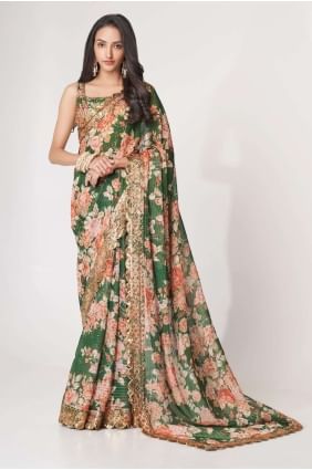 Organza Green Saree in Sequins,embroidered,digital print SR25209