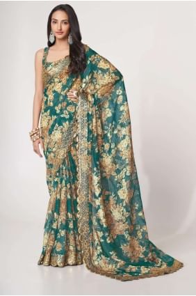 Sequins,embroidered,digital print Organza Saree in Teal blue SR25210