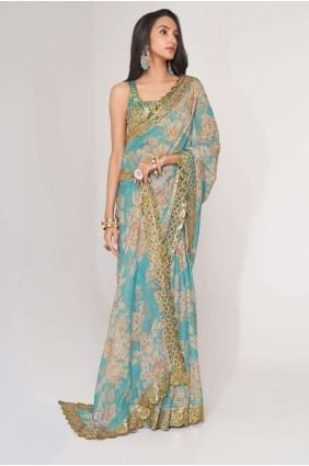 Sky blue Saree with Sequins,embroidered,digital print Organza SR25213
