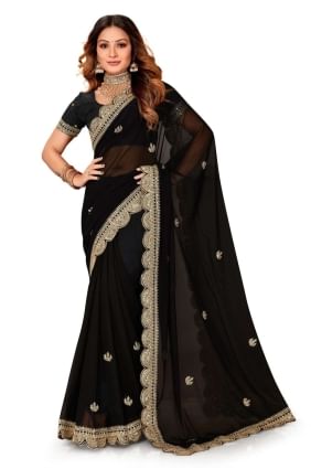 Georgette Embroidered Saree in Black with Blouse SR25214