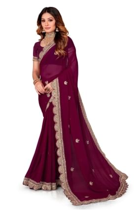 Wine  Saree in Embroidered Georgette SR25218