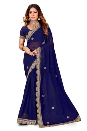 Navy  Saree with Embroidered Georgette SR25220