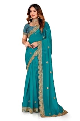 Embroidered Georgette Saree in Rama  with Blouse SR25221
