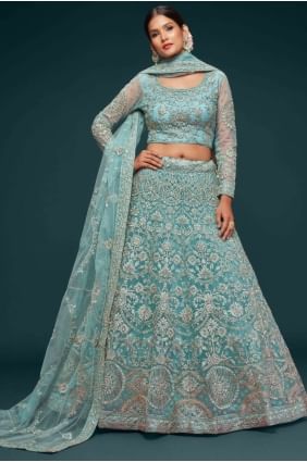 Soft net Embroidered Ocean aqua  Wedding Lehenga Choli with Dupatta LC7180