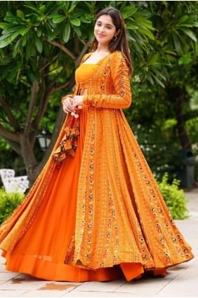 Bright orange  Georgette Digital print Indowestern  with Dupatta PZ3711