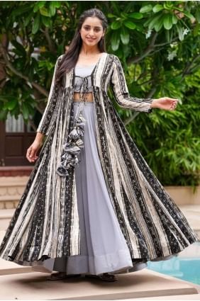 Georgette Indowestern  with Digital print in Light gray PZ3712