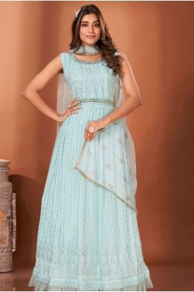 Georgette Gown Dress in Blue with Mirror GW0644