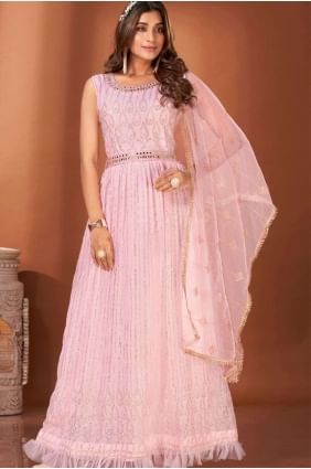 Georgette Mirror Pink Gown Dress with Dupatta GW0645