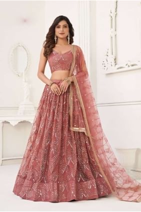 Net Wedding Lehenga Choli with Embroidered in Peach LC7286