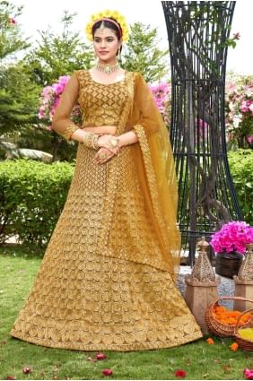 Embroidered Net Wedding Lehenga Choli in Mustard  with Dupatta LC7299