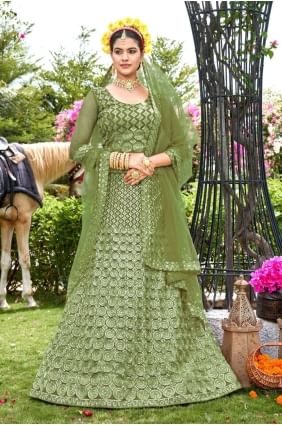 Wedding Lehenga Choli in Mehndi  Net with Embroidered LC7302